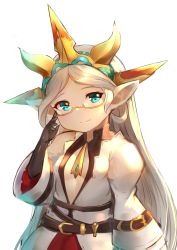Rule 34 | 1girl, absurdres, adjusting eyewear, bad id, bad twitter id, belt, breasts, center opening, glasses, granblue fantasy, green eyes, hairband, harvin, highres, long hair, pointy ears, small breasts, smile, solo, very long hair, white hair, zahlhamelina
