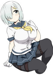 Rule 34 | 1girl, black pantyhose, blue eyes, breasts, commentary request, cowboy shot, cropped legs, gloves, hair ornament, hair over one eye, hairclip, hamakaze (kancolle), invisible chair, kantai collection, large breasts, looking to the side, neckerchief, pantyhose, pleated skirt, school uniform, serafuku, short hair, short sleeves, silver hair, simple background, sitting, skirt, solo, wedge (tyrl stride), white background, white gloves, yellow neckerchief