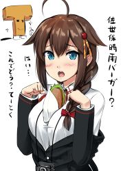 Rule 34 | 1boy, 1girl, admiral (kancolle), ahoge, alternate costume, bad id, bad twitter id, black hair, blue eyes, blush, braid, breast hold, breasts, brown hair, burger, camera, casual, epaulettes, food, food between breasts, hair flaps, hair ornament, hair over shoulder, hair ribbon, highres, ichikawa feesu, kantai collection, large breasts, long hair, long sleeves, looking at viewer, off shoulder, open mouth, ribbon, shigure (kancolle), shirt, simple background, single braid, thumbs up, translation request, tress ribbon, white background, white shirt