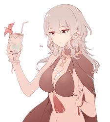 Rule 34 | 1girl, between breasts, bikini, black bikini, breasts, byleth (female) (fire emblem), byleth (female) (summer) (fire emblem), byleth (fire emblem), cleavage, cup, drinking straw, fire emblem, fire emblem: three houses, fire emblem heroes, food on body, food on breasts, glass, highres, holding, holding cup, large breasts, nintendo, official alternate costume, parted lips, silver hair, simple background, solo, swimsuit, upper body, white background, yuito nuigami