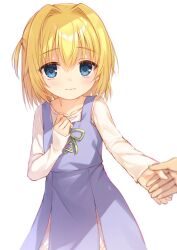 Rule 34 | 1girl, 1other, 3:, aged down, blonde hair, blue dress, blue eyes, blurry, blush, casual, child, chitose sana, clenched hand, closed mouth, cofetaru, collarbone, colored eyelashes, commentary, cowboy shot, depth of field, dress, eyelashes, frown, green ribbon, hair between eyes, hair intakes, hand up, highres, holding hands, looking at viewer, medium hair, one side up, ribbon, shirt, simple background, sleeveless, sleeveless dress, sleeves past wrists, solo focus, standing, tears, tenshinranman, white background, white shirt