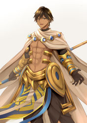 Rule 34 | 1boy, abs, absurdres, ahoge, bare pectorals, black gloves, brown hair, cape, dark skin, dark-skinned male, egyptian, egyptian clothes, fate/grand order, fate/prototype, fate/prototype: fragments of blue and silver, fate (series), gauntlets, gloves, gu li, hair between eyes, highres, holding, holding staff, jewelry, looking at viewer, male focus, muscular, necklace, open mouth, ozymandias (fate), pectorals, topless male, shrug (clothing), simple background, smile, solo, staff, white background, white cape, yellow eyes