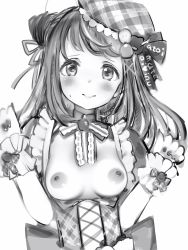 Rule 34 | 1girl, bad id, bad pixiv id, blush, breasts, breasts out, copyright request, corset, greyscale, hair ribbon, hands up, hat, highres, inuki matoi, looking at viewer, monochrome, nanashi (nlo), neck ribbon, nipples, perky breasts, re:act, ribbon, simple background, small breasts, smile, solo, virtual youtuber, white background, wristband
