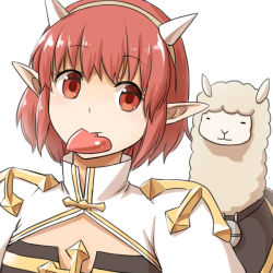 Rule 34 | 1girl, alpaca, arch bishop (ragnarok online), brown hairband, cleavage cutout, closed mouth, clothing cutout, commentary request, cross, dress, fake horns, hairband, heart, heart in mouth, horns, juliet sleeves, long sleeves, looking at viewer, natsuya (kuttuki), pointy ears, puffy sleeves, ragnarok online, red eyes, red hair, short hair, simple background, solo, two-tone dress, upper body, white background, white dress