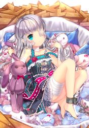 Rule 34 | 1girl, absurdres, agrt, bad id, bad pixiv id, bandages, bandaid, bare shoulders, barefoot, blue eyes, blush, chain, child, cuffs, dress, eyepatch, flower, frilled dress, frills, highres, iri flina, long hair, looking at viewer, lying, nest, ribbon, scissors, shackles, silver hair, solo, stuffed animal, stuffed rabbit, stuffed toy, sword girls, aged down