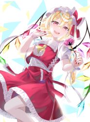 Rule 34 | 1girl, absurdres, ascot, blonde hair, cowboy shot, crystal wings, dress, flandre scarlet, flower, frills, from below, hand up, hat, hat ribbon, highres, looking at viewer, luna sakurazuki, open mouth, puffy short sleeves, puffy sleeves, red dress, red eyes, red flower, red nails, red ribbon, red rose, ribbon, rose, short sleeves, smile, solo, touhou, yellow ascot