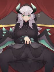 Rule 34 | 1girl, black dress, black pantyhose, black thighhighs, blush, cameltoe, chamber dragonmaid, clothes lift, couch, dragon girl, dragon horns, dragon wings, dress, dress lift, duel monster, flying sweatdrops, green eyes, horns, lifted by self, looking at viewer, on couch, pantyhose, sitting, solo, spread legs, thighhighs, thighhighs over pantyhose, white hair, wings, yonaga san, yu-gi-oh!