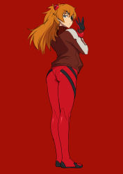 Rule 34 | 1girl, absurdres, ass, bad id, bad pixiv id, blue eyes, bodysuit, bodysuit under clothes, brown jacket, closed mouth, commentary request, evangelion: 3.0 you can (not) redo, eyepatch, from side, full body, glaring, gloves, hair between eyes, half-closed eyes, hands up, headgear, highres, holding own arm, interface headset, jacket, kneepits, legs, legs together, long hair, long sleeves, looking back, looking to the side, mikoyan, neon genesis evangelion, one eye covered, orange hair, pilot suit, plugsuit, rebuild of evangelion, red background, red bodysuit, simple background, single vertical stripe, skin tight, solo, souryuu asuka langley, standing, track jacket, turtleneck