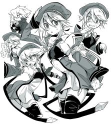 Rule 34 | 1girl, armpits, backless outfit, bare shoulders, beret, blazblue, blonde hair, blush, chibi, chibi inset, collage, detached sleeves, expressions, gloves, green eyes, greyscale, hat, mako gai, monochrome, necktie, nervous, noel vermillion, ragna the bloodedge, scared, short hair, thighhighs