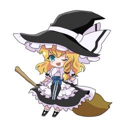 Rule 34 | 1girl, ;d, aqua eyes, black bow, black hat, black skirt, blonde hair, blue bow, bow, braid, broom, chibi, detached collar, frills, full body, hair between eyes, hand on own hip, hat, hat bow, kirisame marisa, nonoko (capsule-nnk), one eye closed, open mouth, puffy short sleeves, puffy sleeves, short sleeves, single braid, skirt, smile, solo, thick eyebrows, touhou, transparent background, v-shaped eyebrows, wavy hair, white bow, witch hat