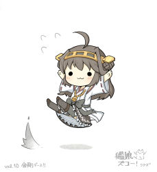 Rule 34 | 10s, 1girl, :3, ahoge, arms up, bad id, bad pixiv id, boots, bow, brown hair, chibi, flying sweatdrops, hair bun, hairband, headgear, highres, japanese clothes, kantai collection, kongou (kancolle), legs up, long hair, nontraditional miko, ribbon-trimmed sleeves, ribbon trim, shadow, simple background, single hair bun, skirt, solo, thigh boots, thighhighs, white background, yuasan