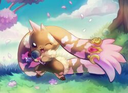 Rule 34 | digimon, digimon (creature), horns, looking at viewer, lopmon, lopmon x-antibody, microphone, one eye closed, outdoors, smile, solo, wink