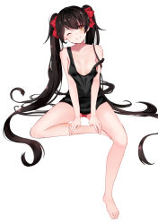 Rule 34 | 1girl, bare legs, barefoot, black hair, blush, bow, breasts, brown eyes, chu (huaha1320), closed mouth, collarbone, girls&#039; frontline, hair bow, highres, long hair, looking at viewer, one eye closed, panties, red bow, red panties, simple background, sitting, small breasts, smile, solo, spread legs, tank top, twintails, type 97 (girls&#039; frontline), underwear, very long hair, white background