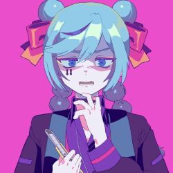 Rule 34 | 15 shoujo, 1girl, akine nami, blue eyes, blue hair, boxcutter, braid, commentary request, double bun, facial mark, frown, furrowed brow, hair between eyes, hair bun, hair ribbon, hand on own face, hands up, highres, holding boxcutter, long hair, long sleeves, looking at viewer, open mouth, pink background, pink ribbon, ribbon, shaded face, simple background, solo, straight-on, tsujii luki, twin braids, upper body