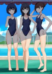 Rule 34 | 3girls, absurdres, arm up, bare legs, bare shoulders, barefoot, black hair, blue eyes, blue hair, blue sky, blush, breasts, brown hair, chain-link fence, closed mouth, cloud, collarbone, commentary request, day, fence, flat chest, full body, green eyes, hair bun, highres, kinomiki, long hair, looking at viewer, mountainous horizon, multiple girls, one-piece swimsuit, original, outdoors, parted lips, pool, poolside, school swimsuit, shade, short hair, single hair bun, sky, small breasts, smile, standing, swimsuit, white one-piece swimsuit