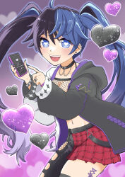 Rule 34 | 1girl, :d, absurdres, ahoge, belt, black belt, black choker, black hair, black hoodie, black nails, black pants, black thighhighs, blue hair, blue nails, breasts, cellphone, choker, cleavage, ear piercing, earrings, fishnet top, fishnets, half-skirt, heart, heart-shaped pupils, highres, holding, holding phone, hood, hoodie, jewelry, kson, kson (4th costume), large breasts, long hair, looking at viewer, miniskirt, mole, mole under eye, multicolored hair, multicolored nails, nail polish, natsumiyuhi, navel, navel piercing, necklace, open clothes, open hoodie, open mouth, pants, phone, piercing, purple hair, purple nails, red skirt, ring, skirt, smile, streaked hair, symbol-shaped pupils, thighhighs, tongue piercing, twintails, two-tone hoodie, virtual youtuber, vshojo, white hoodie