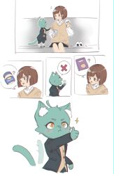 Rule 34 | + +, 2girls, absurdres, ahoge, animal ear fluff, blunt ends, blush, cat girl, cellphone, chromatic aberration, comic, digitigrade, female focus, food, furry, furry female, girl dm, highres, holding, holding food, holding phone, indie virtual youtuber, jacket, mayonnaise, multiple girls, onigiri, phone, short hair, silent comic, sitting, skirt, smartphone, spoken symbol, suit jacket, tail, tail wagging, thumbs up, virtual youtuber, yellow eyes, yoruny