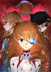 Rule 34 | 4girls, absurdres, animal hat, blue eyes, breasts, brown hair, cat hat, clone, dress, dual persona, evangelion: 3.0+1.0 thrice upon a time, expressionless, eyepatch, gloves, glowing, glowing eye, hair ornament, hairclip, hat, highres, jacket, long hair, looking at viewer, multiple girls, neon genesis evangelion, plugsuit, rebuild of evangelion, serious, smile, souryuu asuka langley, standing, twintails