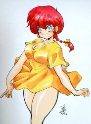Rule 34 | 1girl, 2024, bare legs, blue eyes, braid, breasts, cleavage, clothes lift, dated, dress, dress lift, highres, large breasts, looking at viewer, medium breasts, nekoyashiro, ranma-chan, ranma 1/2, red hair, short dress, simple background, single braid, smile, solo, traditional media, white background, wide hips, yellow dress