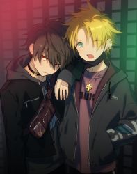 Rule 34 | 2boys, arm on another&#039;s shoulder, bag, bandaid, bandaid on neck, black choker, blonde hair, brown hair, choker, clothes writing, cross, cross necklace, ear piercing, green eyes, hair between eyes, hand in pocket, highres, hood, hood down, hooded jacket, jacket, jewelry, long sleeves, looking at viewer, male focus, mask, mask pull, mouth mask, multiple boys, necklace, one eye closed, open mouth, original, parted lips, piercing, pillow (nutsfool), red eyes, shirt, spiked hair, upper body