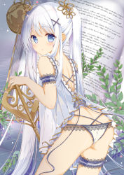 Rule 34 | 1girl, armband, ass, babydoll, back, blue eyes, blue hair, blue ribbon, blush, book, commentary request, cowboy shot, frilled panties, frills, hair between eyes, hair ornament, hairclip, highres, lace, lace-trimmed panties, lace trim, leaf, lingerie, long hair, looking at viewer, looking back, open book, open mouth, original, panties, ribbon, shirosei mochi, solo, staff, standing, thigh strap, twintails, underwear, very long hair, white panties, x hair ornament