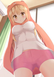 Rule 34 | 10s, 1girl, aibumi, animal costume, arms behind back, bad id, bad nicoseiga id, blonde hair, blush, breasts, brown eyes, doma umaru, from below, hamster costume, highres, himouto! umaru-chan, hood, long hair, looking at viewer, looking down, medium breasts, open mouth, pen-zin, shorts, solo