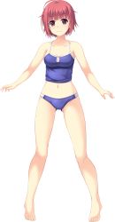 Rule 34 | 1girl, anata no koto wo suki to iwasete, barefoot, breasts, cygnus (cygnus7), feet, game cg, happy, legs, looking at viewer, navel, red eyes, red hair, satofuji masato, short hair, simple background, small breasts, smile, solo, standing, swimsuit, thighs, toes, white background