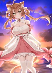 Rule 34 | 1girl, absurdres, ahoge, alternate breast size, animal ear fluff, animal ears, azur lane, bare shoulders, bell, blush, breasts, cat ears, cat girl, cat tail, cleavage, clothes lift, cloud, cloudy sky, crossed bangs, dress, dress lift, dusk, frilled dress, frills, hair ribbon, hair rings, highres, konparu uran, large breasts, light brown hair, long hair, looking at viewer, michishio (azur lane), outdoors, red dress, ribbon, sky, solo, tail, thighhighs, two-tone dress, water, white dress, white ribbon, white thighhighs, yellow eyes