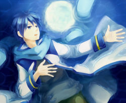 Rule 34 | 1boy, bad id, bad pixiv id, blue scarf, blue theme, kaito (vocaloid), male focus, moon, reflection, sad, scarf, sekia (akaino), solo, vocaloid, water
