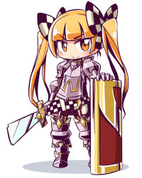 Rule 34 | &gt;:), 1girl, 7th dragon, 7th dragon (series), armor, armored boots, belt, belt buckle, berich (7th dragon), blonde hair, blush, boots, bow, breastplate, buckle, checkered bow, checkered clothes, closed mouth, commentary request, full body, gauntlets, hair bow, holding, holding sword, holding weapon, knight (7th dragon), long hair, naga u, orange eyes, shadow, shield, smile, solo, standing, sword, twintails, twintails day, v-shaped eyebrows, very long hair, weapon, white background