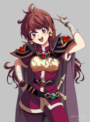 Rule 34 | 1girl, armor, belt, blush, bracelet, breasts, brown hair, cape, commentary request, cowboy shot, earrings, gloves, grey background, hand on own hip, headband, highres, jewelry, lina inverse, long hair, looking at viewer, medium breasts, nagisa iwa, open mouth, red eyes, short sleeves, shoulder armor, slayers, smile, solo, standing, v