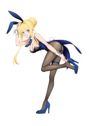 Rule 34 | 1girl, alice zuberg, animal ears, artist request, blonde hair, blue eyes, bow, bowtie, covered navel, detached collar, fake animal ears, fake tail, fishnet pantyhose, fishnets, high heels, highres, leotard, long hair, official art, pantyhose, playboy bunny, rabbit ears, rabbit tail, simple background, solo, strapless, strapless leotard, sword art online, tail, white background, wrist cuffs