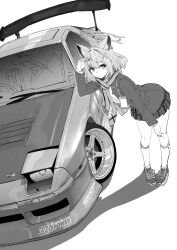 Rule 34 | 1girl, animal ear fluff, animal ears, blue archive, car, closed mouth, coat, commentary, cross-laced footwear, cross hair ornament, english commentary, full body, greyscale, hair ornament, halo, hand up, highres, jacket, jun project, kneehighs, leaning forward, long sleeves, looking at viewer, miniskirt, mismatched pupils, monochrome, motor vehicle, nissan, nissan 180sx, plaid, plaid skirt, pleated skirt, race vehicle, scarf, school uniform, shadow, shiroko (blue archive), shirt, shoes, short hair, skirt, sneakers, socks, solo, sports car, standing, white background, wolf ears, wolf girl