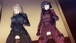 Rule 34 | 2girls, against wall, black hair, blonde hair, blush, bodysuit, bradyon veda, breasts, censored, covered erect nipples, covered navel, embarrassed, female focus, game cg, groin, indoors, kiryuu shion, kusunoki kaede, large breasts, legs, long hair, medium hair, mosaic censoring, multiple girls, no panties, open mouth, original, pussy, pussy juice, small breasts, standing, thighs, torn clothes, wet, zunta