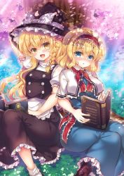 Rule 34 | 2girls, :d, alice margatroid, apron, arm up, black dress, black footwear, black headwear, blonde hair, blue dress, blue eyes, blush, book, boots, braid, capelet, cherry blossoms, commentary request, dress, grass, hairband, hat, hat ribbon, holding, holding book, kirisame marisa, long hair, looking at viewer, multiple girls, neck ribbon, open book, open mouth, parted lips, red neckwear, ribbon, shoes, short hair, short sleeves, side-by-side, sitting, smile, socks, suzunone rena, touhou, tree, waist apron, witch hat, yellow eyes