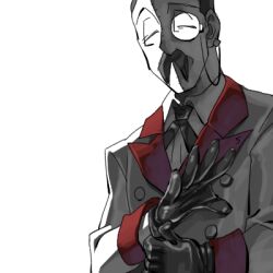 Rule 34 | 1boy, ace attorney, adjusting clothes, adjusting gloves, black gloves, closed eyes, collared shirt, facial hair, formal, gloves, jacket, long sleeves, lowres, male focus, monocle, mustache, phoenix wright: ace attorney - justice for all, porta3948 5, ribbon, shelly de killer, shirt, short hair, simple background, solo, stitched face, stitches, suit, upper body, white background, white jacket, white shirt