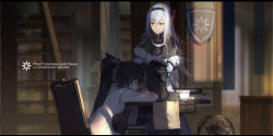 Rule 34 | 2girls, black cloak, black hair, black hairband, blurry, blurry background, book, bookshelf, chair, cloak, closed eyes, commentary request, copyright name, depth of field, dress, fur-trimmed cloak, fur trim, grey eyes, hair between eyes, hairband, highres, indoors, juliet sleeves, letterboxed, long hair, long sleeves, multiple girls, on chair, pixiv fantasia, pixiv fantasia last saga, puffy sleeves, silver hair, sitting, sleeping, standing, swd3e2, table, very long hair, white dress, yuki (pixiv fantasia last saga), zera the hornless empress