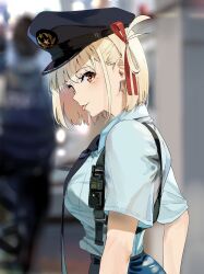 Rule 34 | 1girl, :p, alternate costume, black hat, blonde hair, blue shirt, blurry, blurry background, funi mu9, hair ribbon, hat, highres, looking at viewer, lycoris recoil, necktie, nishikigi chisato, outdoors, police, police uniform, policewoman, red eyes, red ribbon, ribbon, shirt, short hair, short sleeves, solo, tongue, tongue out, uniform