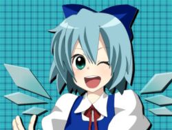 Rule 34 | 1girl, ;d, annin musou, aqua eyes, bad id, bad pixiv id, blue hair, bow, cirno, embodiment of scarlet devil, female focus, hair bow, large bow, one eye closed, open mouth, plaid, plaid background, smile, solo, touhou, wings, wink