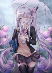 Rule 34 | 1girl, absurdres, bag, black thighhighs, bow, bowtie, flower, grey eyes, hair ornament, hair ribbon, hairclip, highres, holding, holding umbrella, hydrangea, jacket, long hair, looking at viewer, open clothes, open jacket, open mouth, original, pippin (pippin sol), pointy ears, rain, ribbon, school bag, school uniform, silver hair, skirt, solo, sweat, thighhighs, twintails, umbrella