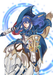 Rule 34 | 1girl, absurdres, armor, blue eyes, blue gloves, blue hair, breastplate, cape, fire emblem, fire emblem (object), fire emblem awakening, fire emblem heroes, gloves, great knight (fire emblem awakening), hair between eyes, highres, holding, holding shield, holding weapon, horse, horseback riding, kinako 5108, long hair, looking at viewer, lucina (fate&#039;s resolve) (fire emblem), lucina (fire emblem), nintendo, official alternate costume, parted lips, riding, shield, shoulder armor, symbol in eye, thighs, weapon