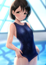 Rule 34 | 1girl, blue one-piece swimsuit, breasts, brown eyes, commentary request, cowboy shot, highres, idolmaster, idolmaster cinderella girls, indoors, looking at viewer, one-piece swimsuit, rei no pool, sasaki chie, school swimsuit, short hair, small breasts, solo, standing, swimsuit, tsunenorip, wet, wet clothes, wet swimsuit
