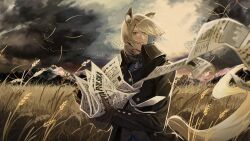 Rule 34 | 1boy, animal ears, arknights, blonde hair, edo-sama, highres, holding, holding newspaper, horse boy, horse ears, horse tail, male focus, mlynar (arknights), newspaper, outdoors, polish text, short hair, solo, tail, wheat, wheat field
