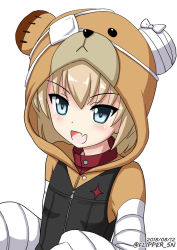 Rule 34 | 10s, 1girl, :d, animal costume, animal hood, bandages, bear costume, bear hood, black vest, blonde hair, blue eyes, boko (girls und panzer), cast, commentary, dated, emblem, fang, flipper, girls und panzer, hood, katyusha (girls und panzer), looking at viewer, one-hour drawing challenge, open mouth, pajamas, red shirt, shirt, short hair, simple background, smile, solo, standing, turtleneck, twitter username, upper body, vest, white background