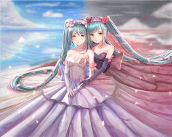 Rule 34 | 2girls, aqua hair, bad id, bad pixiv id, breasts, cleavage, cloud, day, dress, elbow gloves, gloves, hatsune miku, long hair, multiple girls, nick (nikek96), nicky w, red eyes, small breasts, twintails, very long hair, vocaloid, water
