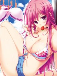 Rule 34 | 1girl, atelier kaguya, bare legs, bare shoulders, barefoot, bikini, bikini top only, bra, breasts, choco chip, choker, cleavage, criss-cross halter, esumi mei, food, food in mouth, fruit, halterneck, halterneck, highres, large breasts, mouth hold, namaiki ~kissuisou e youkoso!~, navel, official art, pink hair, purple eyes, short shorts, shorts, sitting, solo, strawberry, sweat, swimsuit, underwear