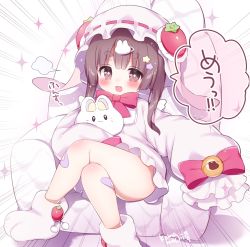 Rule 34 | 1girl, bandaid, bandaid on leg, blush, bow, bowtie, brown eyes, brown hair, character request, copyright request, couch, crossed legs, emphasis lines, hair ornament, hat, highres, mob cap, momozu komamochi, open mouth, paw shoes, red bow, red bowtie, shoes, short hair with long locks, sleeves past fingers, sleeves past wrists, solo, star (symbol), star hair ornament, symbol-shaped pupils, thick eyebrows, white background