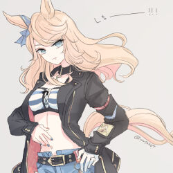 Rule 34 | 1girl, animal ears, bandeau, belt, black coat, blonde hair, blue eyes, breasts, choker, cleavage, coat, denim, denim shorts, ear ornament, gold city (umamusume), grey background, hand on own hip, hand on own stomach, horse ears, horse girl, horse tail, inutose, long hair, long sleeves, looking at viewer, midriff, multicolored nails, navel, open clothes, open coat, open mouth, shorts, simple background, small breasts, smile, solo, standing, tail, twitter username, umamusume