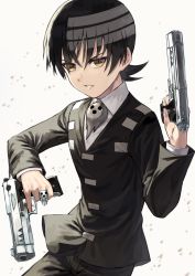 Rule 34 | 1boy, black hair, black jacket, black pants, brown eyes, collared shirt, commentary request, contrapposto, death the kid, dual wielding, fagi (kakikaki), gun, hand up, handgun, holding, holding gun, holding weapon, jacket, jewelry, long sleeves, looking at viewer, male focus, multicolored hair, pants, parted lips, pistol, revision, ring, shirt, short hair, simple background, solo, soul eater, trigger discipline, two-tone hair, weapon, white background, white shirt