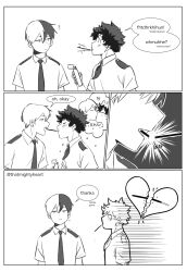 Rule 34 | 2boys, blush, boku no hero academia, broken heart, closed eyes, closed mouth, collared shirt, comic, commentary, eating, english commentary, english text, food, food in mouth, freckles, greyscale, heart, highres, holding, holding food, kiss, looking at another, male focus, midoriya izuku, monochrome, multicolored hair, multiple boys, necktie, open mouth, pocky, pocky day, pocky in mouth, pocky kiss, school uniform, shared food, shirt, short hair, short sleeves, simple background, speech bubble, split-color hair, summer uniform, thatmightyheart, todoroki shouto, u.a. school uniform, white background, yaoi